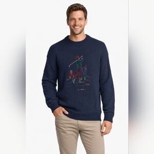 Scottish Isle Navy Blue Knit Golf Print Embroidered Oversized Sweater Size Large